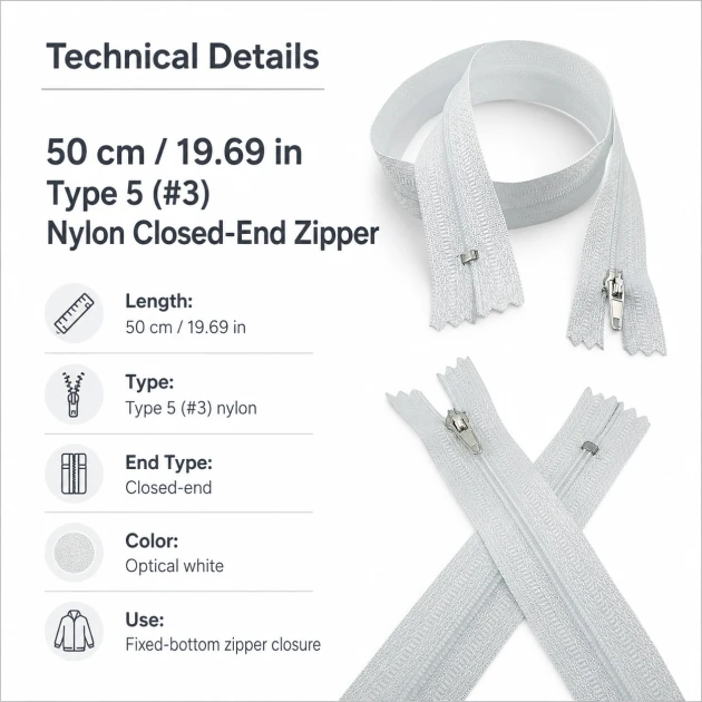 Hırka, yelek ve dış giyim için 50 cm uzunluğunda T5 dipli optik beyaz naylon fermuar