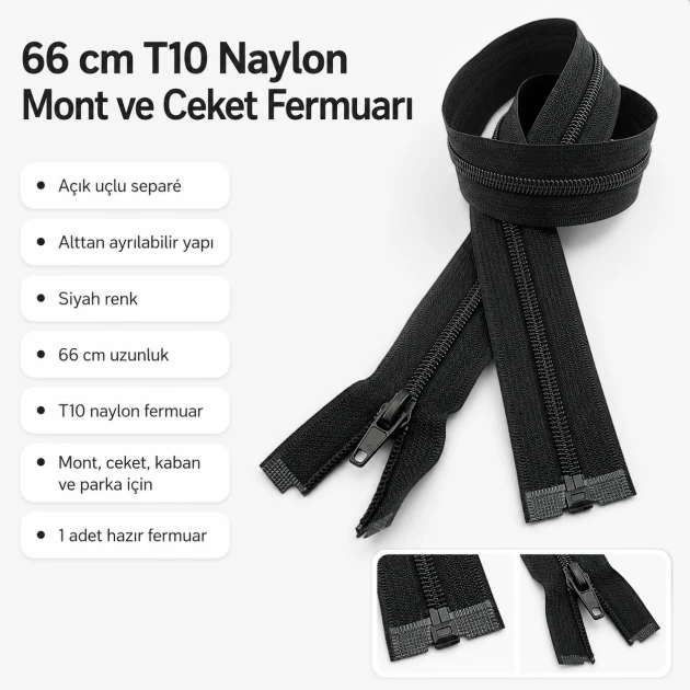 Mont ve ceket fermuarı naylon 66 cm T10 açık uçlu separe siyah, dış giyimde kullanım için ideal