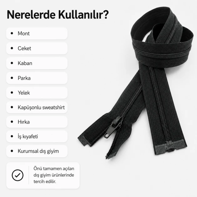 Mont ve ceket fermuarı naylon 66 cm T10 açık uçlu separe siyah, dış giyimde kullanım için ideal