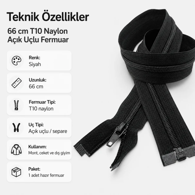 Mont ve ceket fermuarı naylon 66 cm T10 açık uçlu separe siyah, dış giyimde kullanım için ideal