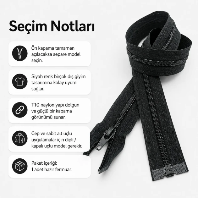 Mont ve ceket fermuarı naylon 66 cm T10 açık uçlu separe siyah, dış giyimde kullanım için ideal