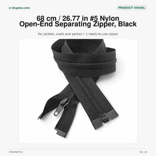 68 cm / 26.77 in #5 Nylon Open-End Separating Zipper for Jackets and Coats in Black