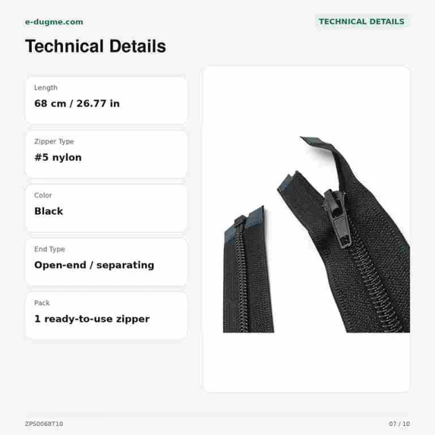 68 cm / 26.77 in #5 Nylon Open-End Separating Zipper for Jackets and Coats in Black