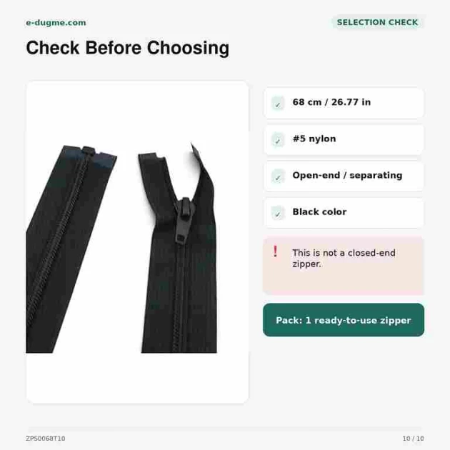 68 cm / 26.77 in #5 Nylon Open-End Separating Zipper for Jackets and Coats in Black