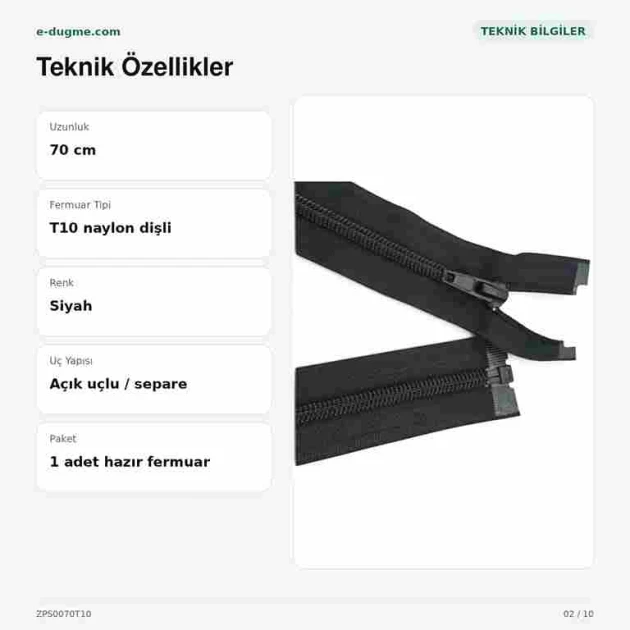 Mont ve Ceket Fermuarı Naylon 70 cm T10 Açık Uçlu Separe Siyah ZPS0070T10
