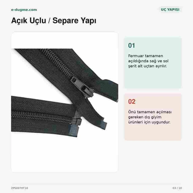 Mont ve Ceket Fermuarı Naylon 70 cm T10 Açık Uçlu Separe Siyah ZPS0070T10