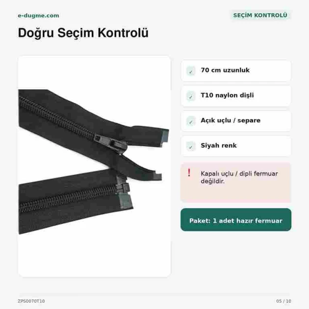 Mont ve Ceket Fermuarı Naylon 70 cm T10 Açık Uçlu Separe Siyah ZPS0070T10