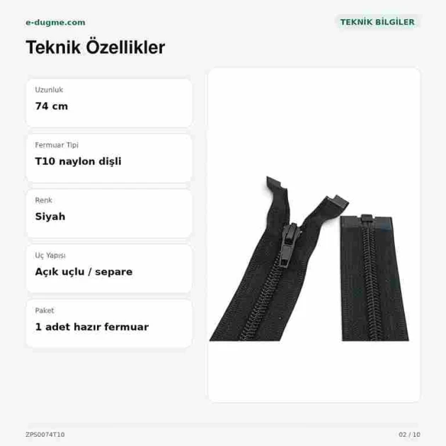 Mont ve ceket fermuarı, 74 cm uzunluğunda, siyah naylon, açık uçlu separe, ZPS0074T10 modeli