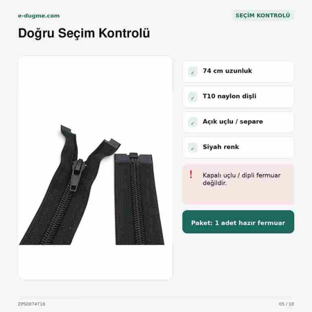 Mont ve ceket fermuarı, 74 cm uzunluğunda, siyah naylon, açık uçlu separe, ZPS0074T10 modeli