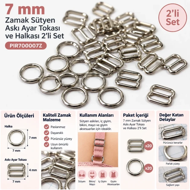 7 mm / 0.28 in Zamak Bra Strap Slider and Ring 2-Piece Set PIR700007Z