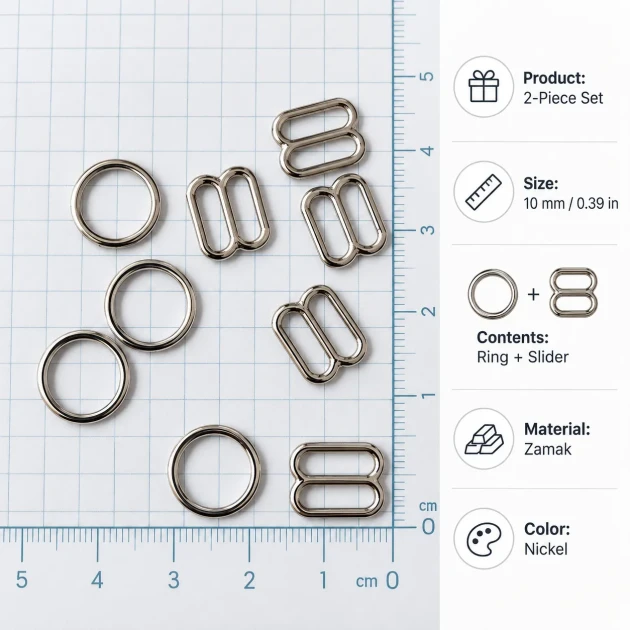 10 mm / 0.39 in Zamak Bra Strap Slider and Ring 2-Piece Set PIR700010Z