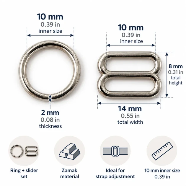 10 mm / 0.39 in Zamak Bra Strap Slider and Ring 2-Piece Set PIR700010Z