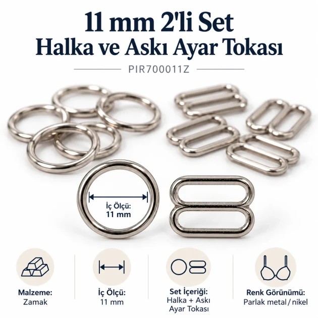 11 mm Zamak Sütyen Askı Ayar Tokası ve Halkası 2'li Set PIR700011Z