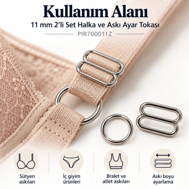 11 mm Zamak Sütyen Askı Ayar Tokası ve Halkası 2'li Set PIR700011Z