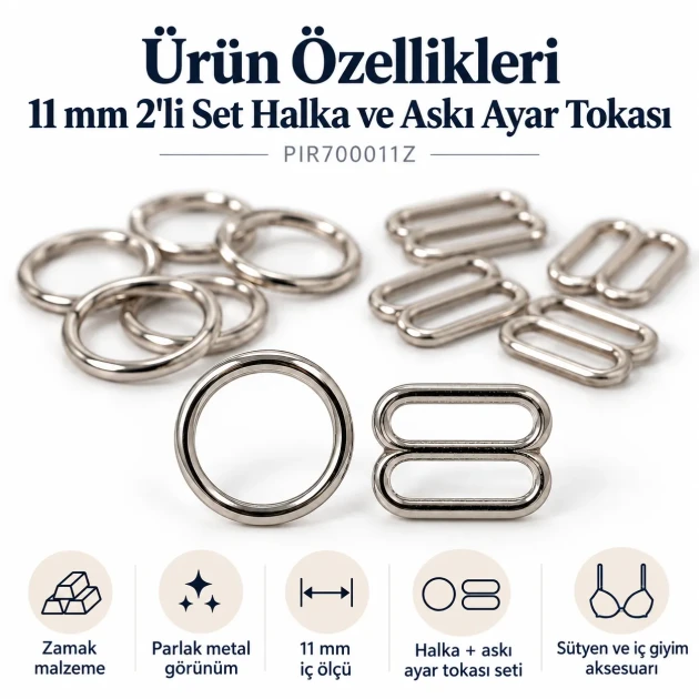 11 mm Zamak Sütyen Askı Ayar Tokası ve Halkası 2'li Set PIR700011Z