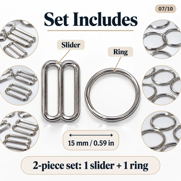 15 mm / 0.59 in Zamak Bra Strap Slider and Ring 2-Piece Set PIR700015Z