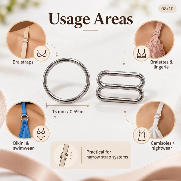 15 mm / 0.59 in Zamak Bra Strap Slider and Ring 2-Piece Set PIR700015Z