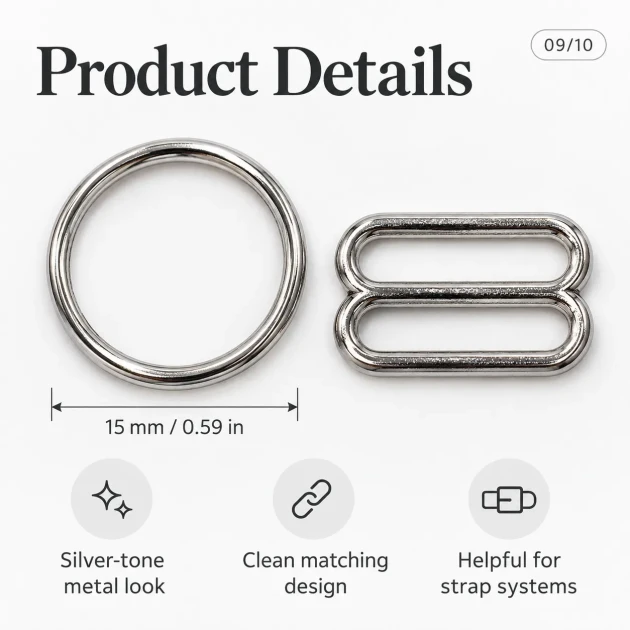 15 mm / 0.59 in Zamak Bra Strap Slider and Ring 2-Piece Set PIR700015Z