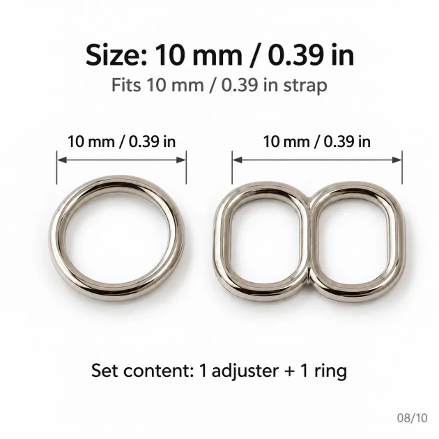 10 mm / 0.39 in Zamak Mayo Model Double-Loop Bra Strap Slider and Ring 2-Piece Set PIR701010Z