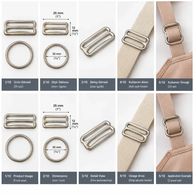 25 mm Zamak Geniş Model Sütyen Askı Ayar Tokası ve Halkası 2'li Set PIR702025Z