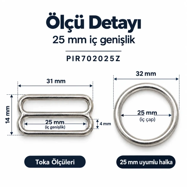 25 mm Zamak Geniş Model Sütyen Askı Ayar Tokası ve Halkası 2'li Set PIR702025Z