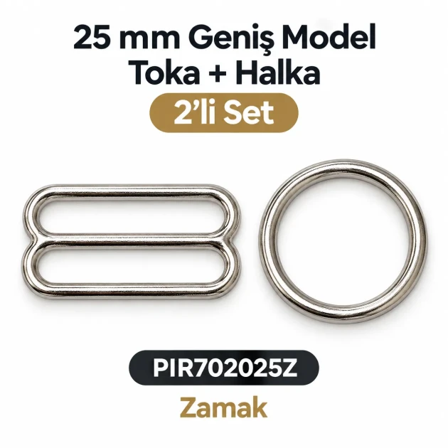 25 mm Zamak Geniş Model Sütyen Askı Ayar Tokası ve Halkası 2'li Set PIR702025Z