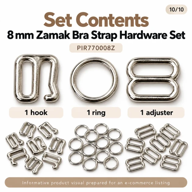 8 mm Zamak Bra Strap Slider, Ring and Hook 3-Piece Set PIR770008Z