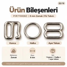 8 mm Zamak Sütyen Askı Ayar Tokası, Halkası ve Kancası 3'lü Takım PIR770008Z