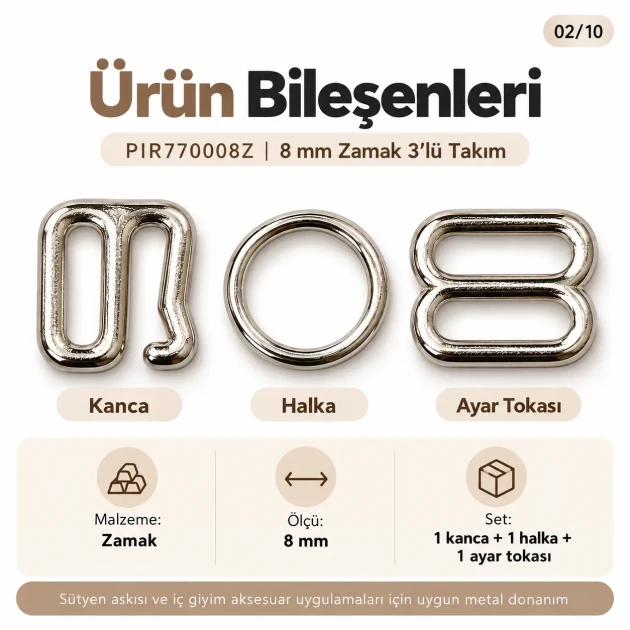 8 mm Zamak Bra Strap Slider, Ring and Hook 3-Piece Set PIR770008Z