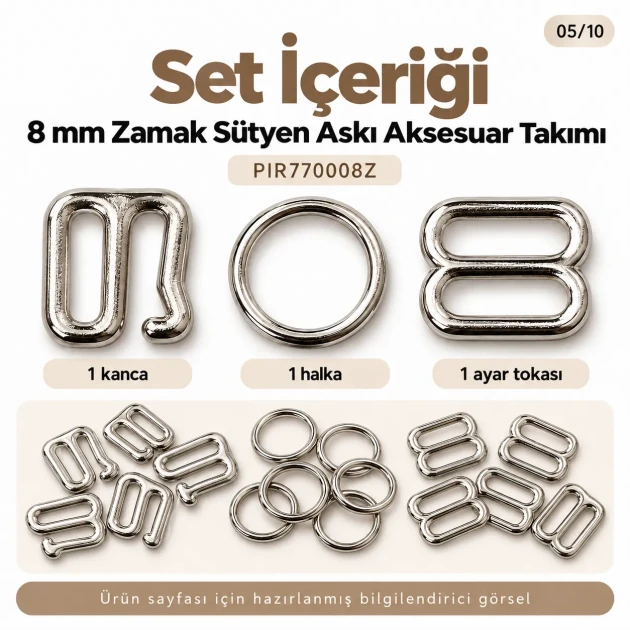 8 mm Zamak Bra Strap Slider, Ring and Hook 3-Piece Set PIR770008Z