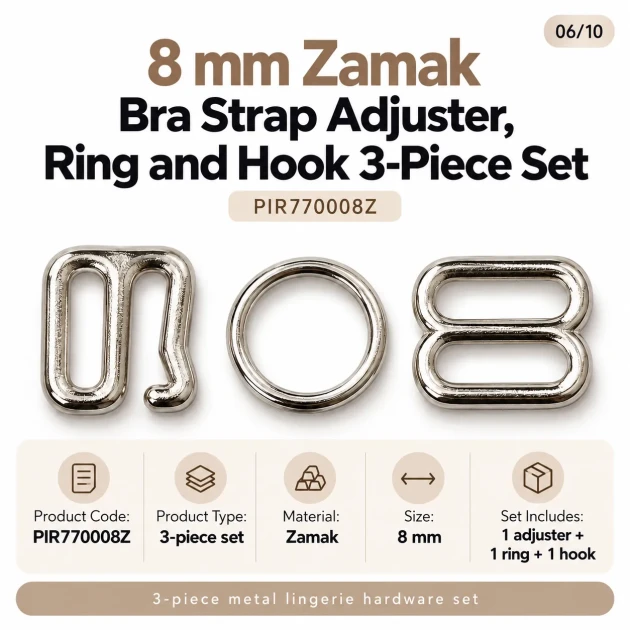 8 mm Zamak Bra Strap Slider, Ring and Hook 3-Piece Set PIR770008Z