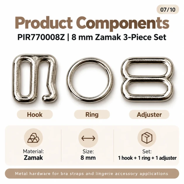 8 mm Zamak Bra Strap Slider, Ring and Hook 3-Piece Set PIR770008Z