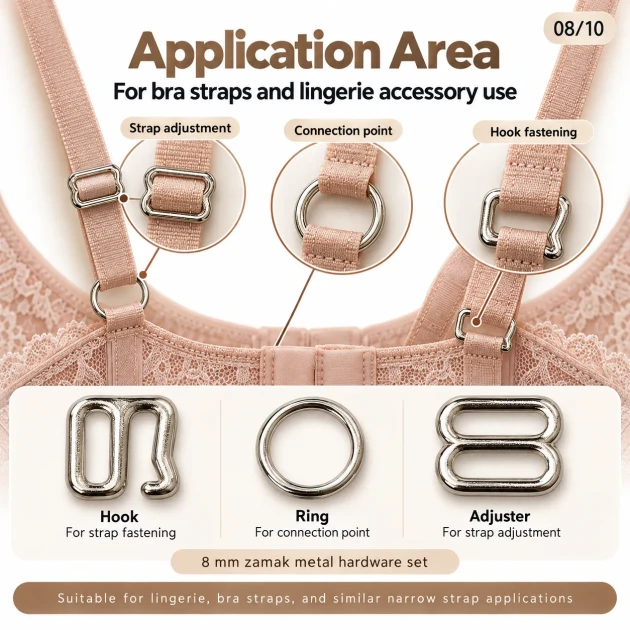 8 mm Zamak Bra Strap Slider, Ring and Hook 3-Piece Set PIR770008Z