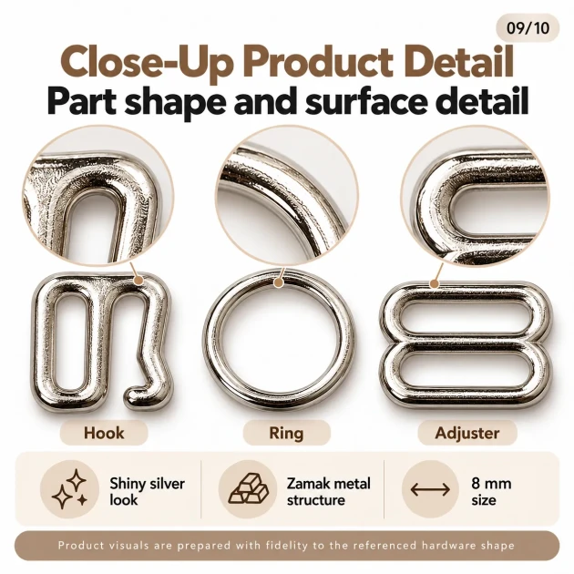 8 mm Zamak Bra Strap Slider, Ring and Hook 3-Piece Set PIR770008Z