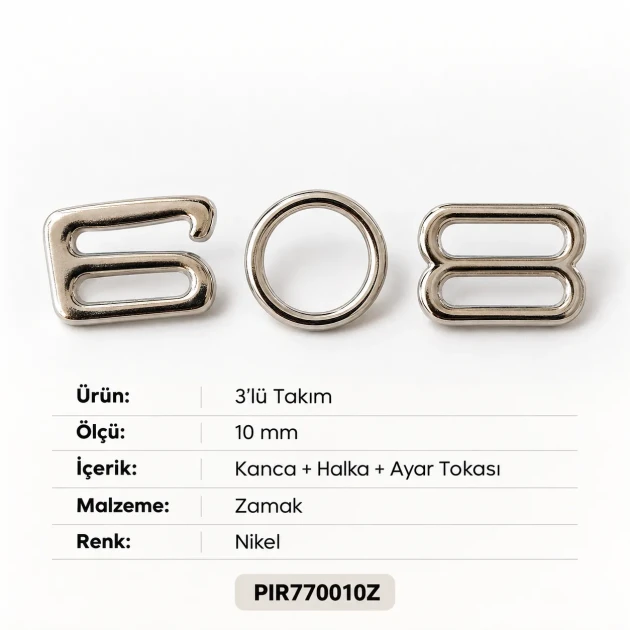 10 mm / 0.39 in Zamak Bra Strap Slider, Ring and Hook 3-Piece Set PIR770010Z