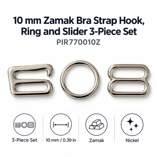 10 mm / 0.39 in Zamak Bra Strap Slider, Ring and Hook 3-Piece Set PIR770010Z