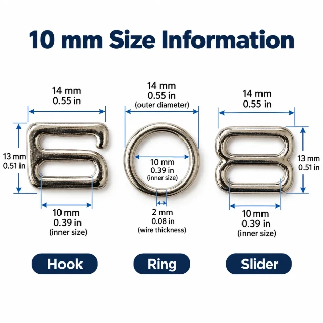 10 mm / 0.39 in Zamak Bra Strap Slider, Ring and Hook 3-Piece Set PIR770010Z