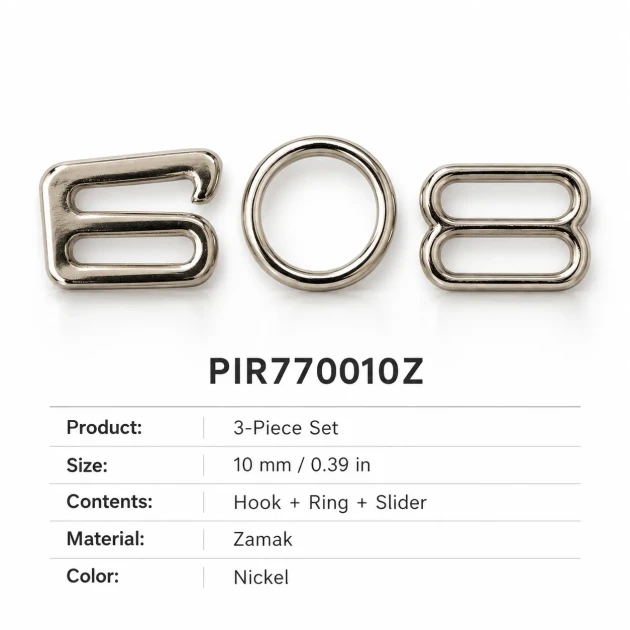 10 mm / 0.39 in Zamak Bra Strap Slider, Ring and Hook 3-Piece Set PIR770010Z