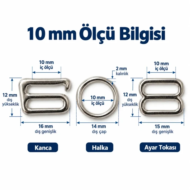 10 mm / 0.39 in Zamak Bra Strap Slider, Ring and Hook 3-Piece Set PIR770010Z