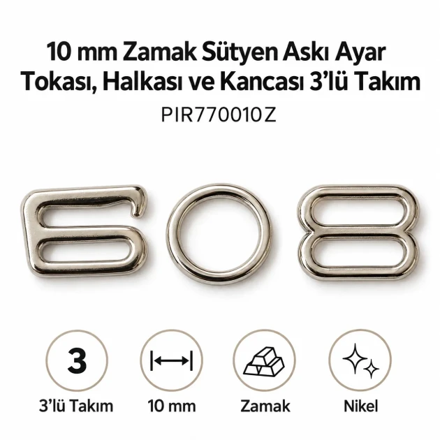 10 mm / 0.39 in Zamak Bra Strap Slider, Ring and Hook 3-Piece Set PIR770010Z