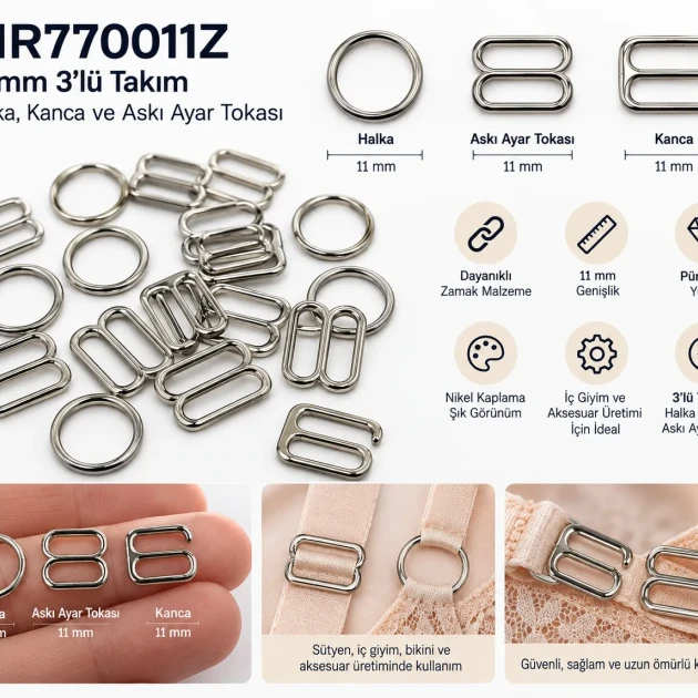 11 mm Zamak Sütyen Askı Ayar Tokası, Halkası ve Kancası 3'lü Takım PIR770011Z