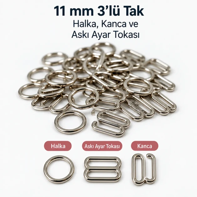 11 mm Zamak Sütyen Askı Ayar Tokası, Halkası ve Kancası 3'lü Takım PIR770011Z