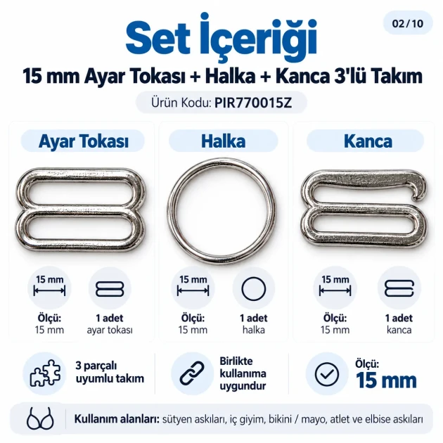 15 mm / 0.59 in Zamak Bra Strap Slider, Ring and Hook 3-Piece Set PIR770015Z