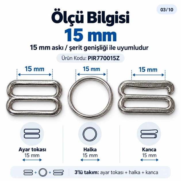 15 mm / 0.59 in Zamak Bra Strap Slider, Ring and Hook 3-Piece Set PIR770015Z