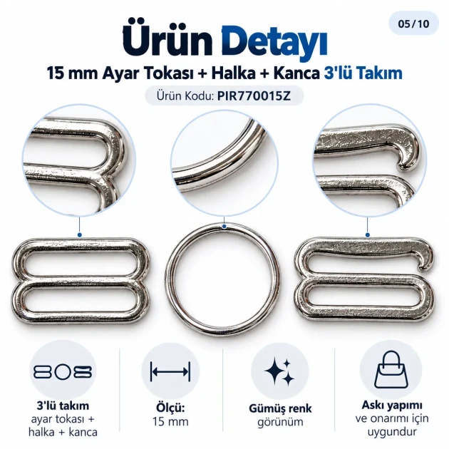 15 mm / 0.59 in Zamak Bra Strap Slider, Ring and Hook 3-Piece Set PIR770015Z