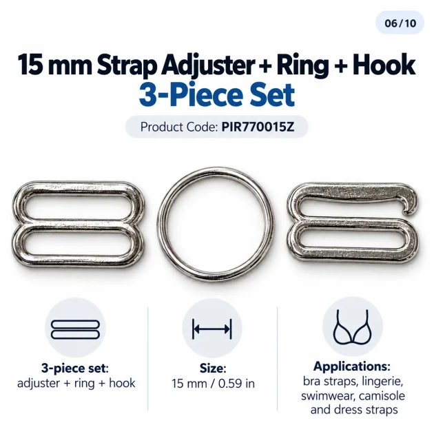 15 mm / 0.59 in Zamak Bra Strap Slider, Ring and Hook 3-Piece Set PIR770015Z