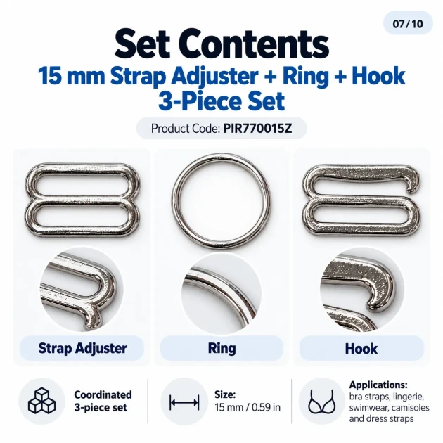 15 mm / 0.59 in Zamak Bra Strap Slider, Ring and Hook 3-Piece Set PIR770015Z