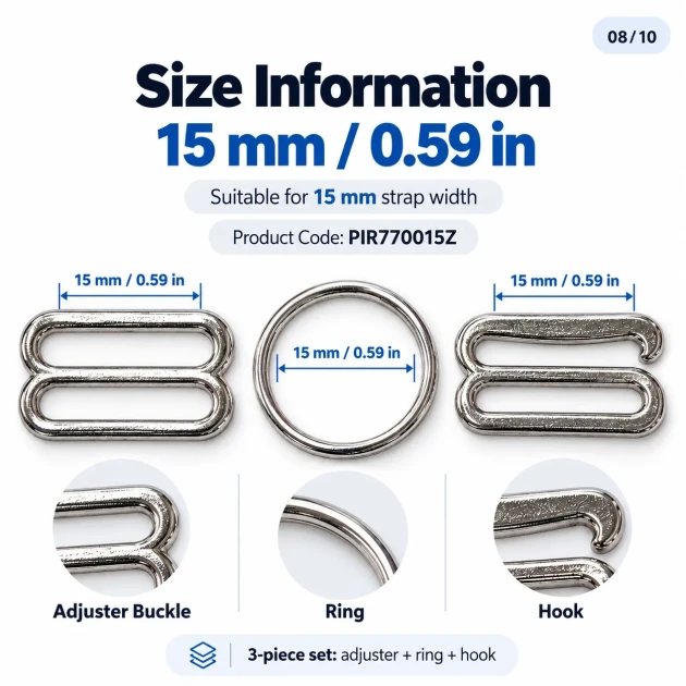 15 mm / 0.59 in Zamak Bra Strap Slider, Ring and Hook 3-Piece Set PIR770015Z
