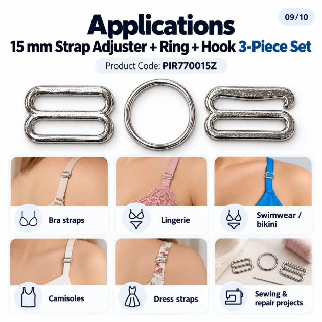 15 mm / 0.59 in Zamak Bra Strap Slider, Ring and Hook 3-Piece Set PIR770015Z