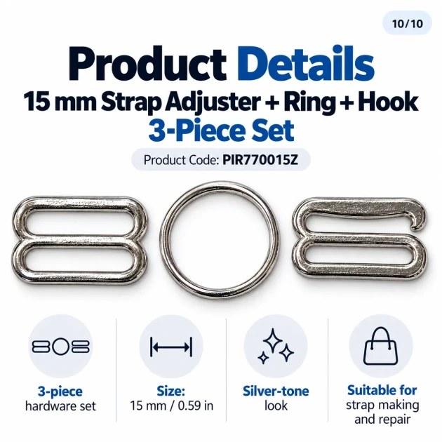 15 mm / 0.59 in Zamak Bra Strap Slider, Ring and Hook 3-Piece Set PIR770015Z